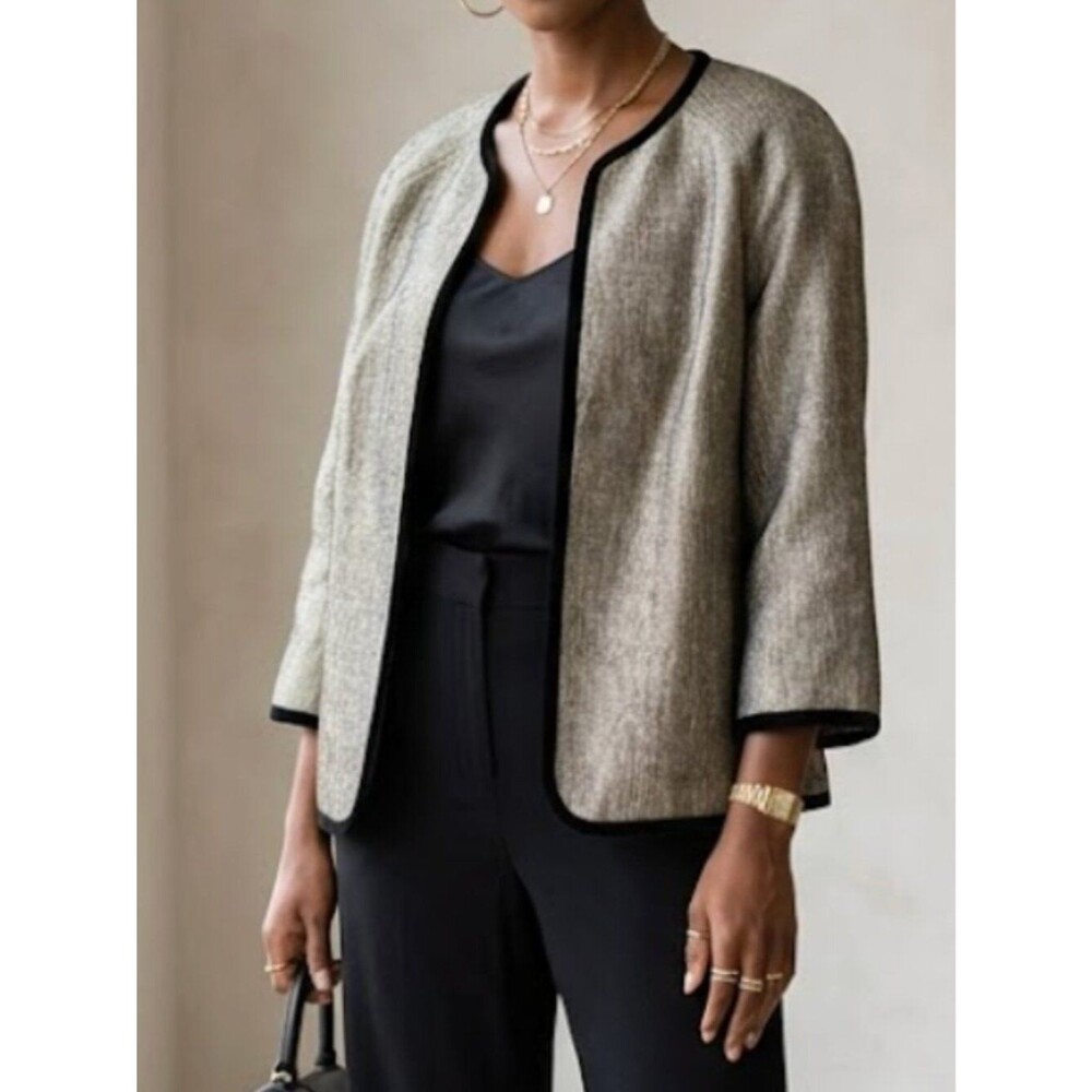 Vintage Kasper Linen Silk Collarless Open Front Blazer Black Trim Size 16